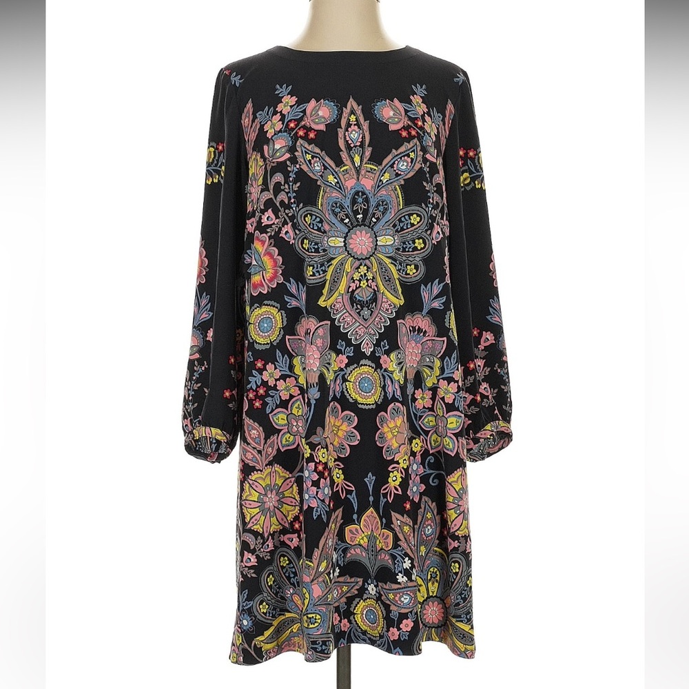 LOFT Black Long Sleeve Sheath Dress with Floral Patterns